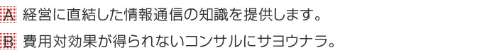 (A)経営に直結した情報通信の知識を提供します。(B)費用対効果が得られないコンサルにサヨウナラ。